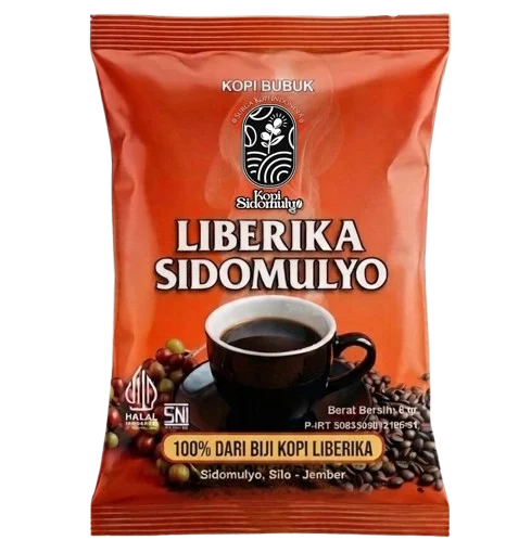 Kemasan Kopi Bubuk Liberika Sidomulyo warna oranye