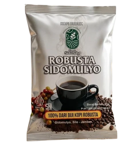 Kemasan Kopi Bubuk Robusta Sidomulyo warna putih silver
